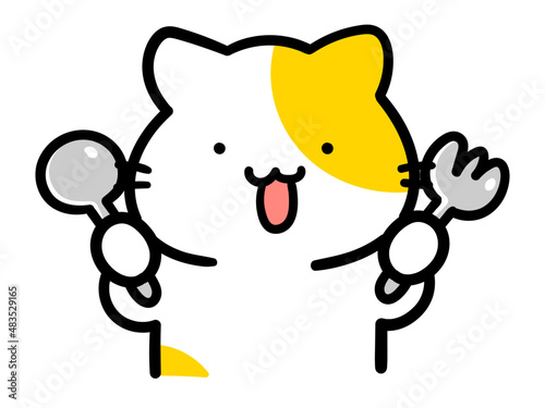 スプーンとフォークを持つかわいいねこの手書き風イラスト