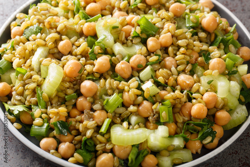 Close-up of a freekeh diet salad with chickpeas, celery and herbs in a plate on the table. horizontal photo