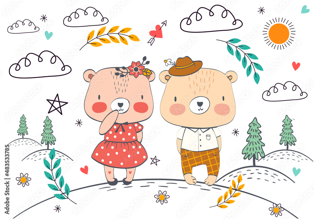 Cute illustration of loving Bears. Cartoon animals.