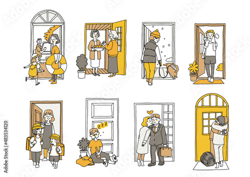 ドアの前のそれぞれの生活シーンセット　仕事に行ったり旅行に出かけたりする　コミカルな手書きの人物　