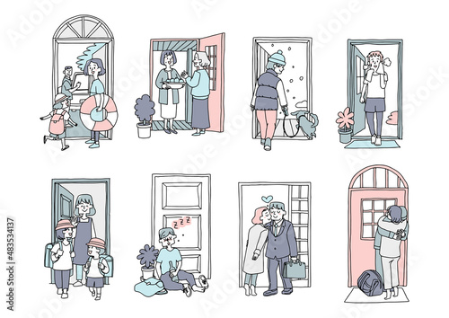 ドアの前のそれぞれの生活シーンセット　仕事に行ったり旅行に出かけたりする　コミカルな手書きの人物　