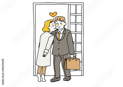 ドアの前でキスをして夫を見送る妻　コミカルな手書きの人物　ベクター、線画にシンプルな色つけ　