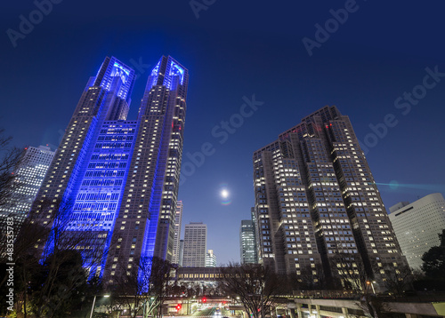 都庁　見上げた都庁　東京都庁　夜景　ブルーのライトアップ © iwasaki