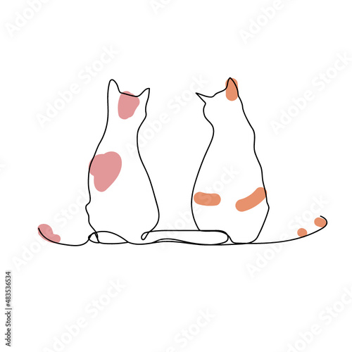 continuous line art cat couple love vector with pastel vintage background