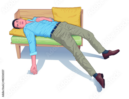 Young man fainting on sofa or couch in workplace realistic vector illustration