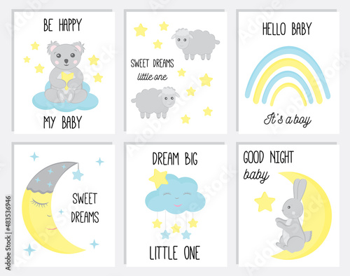 Set of cute baby shower cards or nursery posters. Hand drawn koala, bunny, rainbow, clouds, stars. Vector illustrations for invitations, greeting cards, posters. Baby shower celebration concept.
