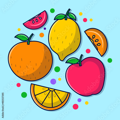 Simple doodle fruits  with colored Hand drawn outline style