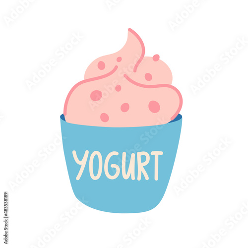 Yogurt. Sweet breakfast. Dairy products. Lactose. Healthy food. Vector flat cartoon illustration isolated on the white background.