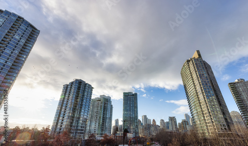 Residential high rise buildings in Urban modern city. Sunny winter evening. Downtown Vancouver  British Columbia  Canada.