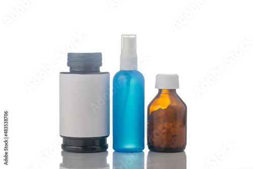 bottle medicine pills on white background