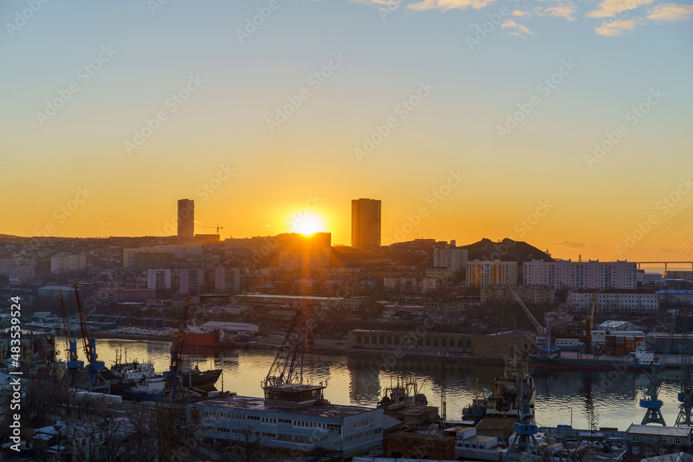 Diomid port at dawn. Vladivostok, Russia