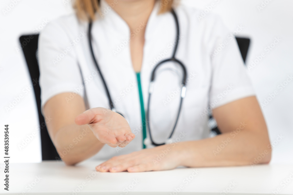 Doctor, nurse showing hands or showing something. Doctor, nurse showing hands or showing something.