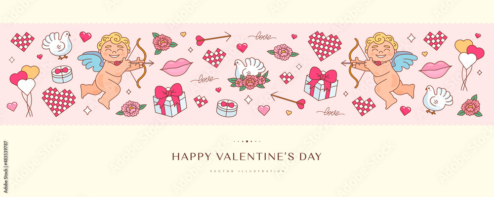 Valentine's day horizontal banner with cartoon cupid, pigeon, gift box, flower and heart. Vector illustration Valentine's day horizontal banner with cartoon cupid, pigeon, gift box, flower and heart. Vector illustration