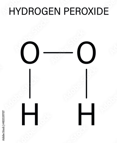 Hydrogen peroxide molecule. Reactive oxygen species, ROS. Used as bleaching agent, disinfectant, chemical reagent, etc. Skeletal formula.