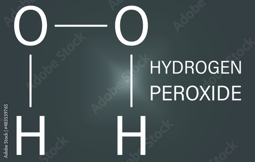 Hydrogen peroxide molecule. Reactive oxygen species, ROS. Used as bleaching agent, disinfectant, chemical reagent, etc. Skeletal formula.