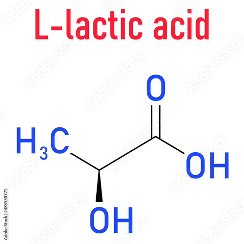 Lactic acid or L-lactic acid milk sugar molecule. Building block of polylactic acid or PLA bioplastic. Found in milk. Skeletal formula. photo