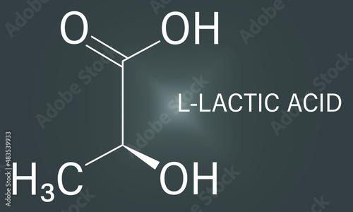 Lactic acid or L-lactic acid milk sugar molecule. Building block of polylactic acid or PLA bioplastic. Found in milk. Skeletal formula.