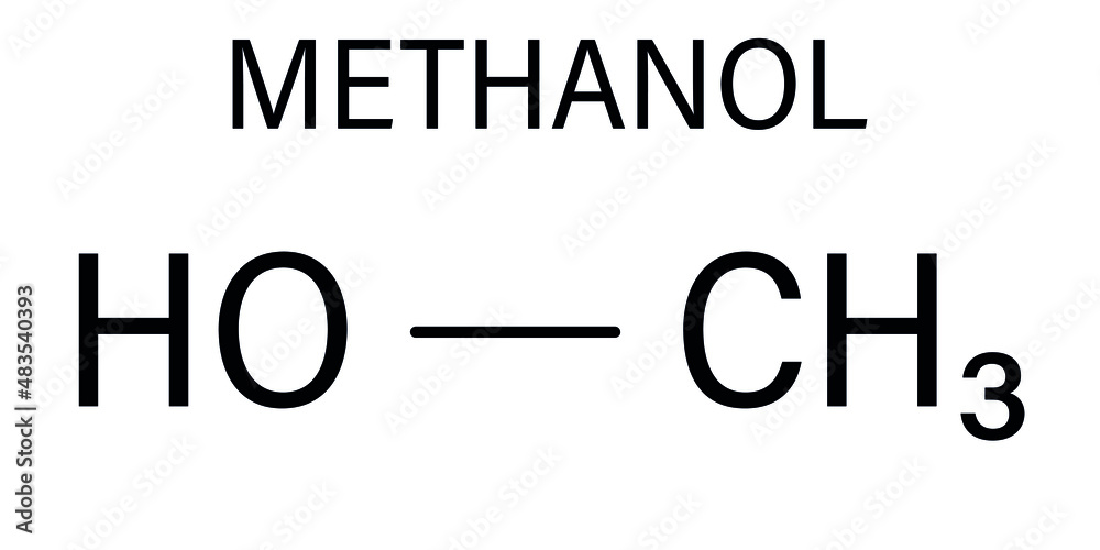 Methanol or methyl alcohol, MeOH, molecule. Highly toxic. Skeletal formula. Methanol or methyl alcohol, MeOH, molecule. Highly toxic. Skeletal formula.