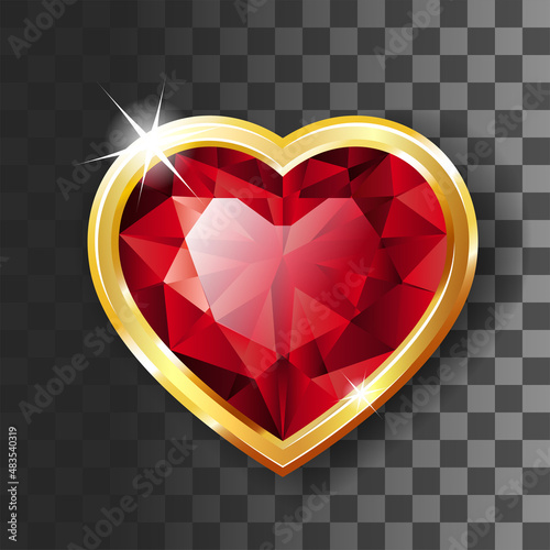 Shiny red ruby crystal heart shape golden frame on transparent background.