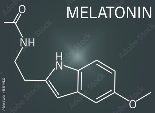 Melatonin hormone molecule. In humans, it plays a role in circadian rhythm synchronization. Skeletal formula.
