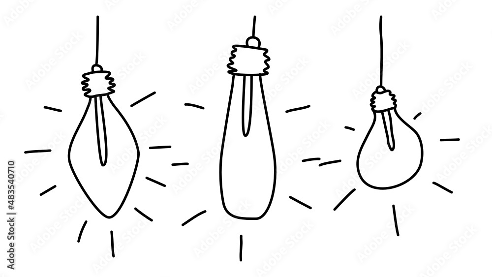 Three light bulbs hand drawn. A simple line drawing of light sources. Three light bulbs hand drawn. A simple line drawing of light sources.