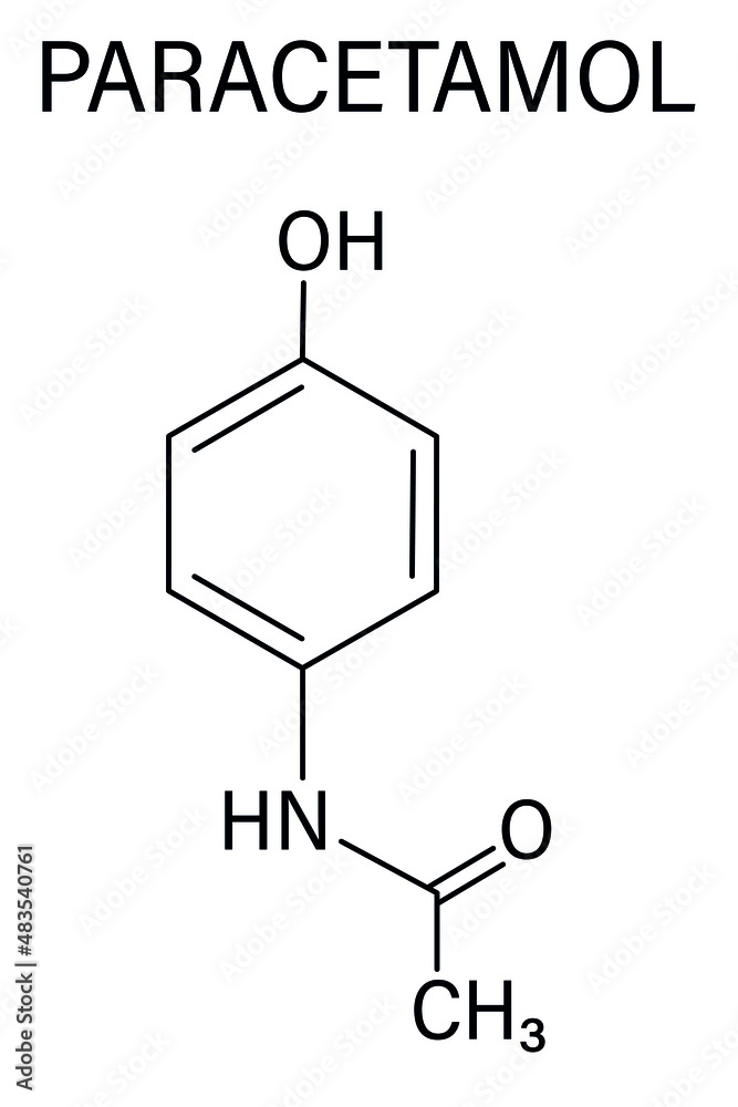 Paracetamol or acetaminophen analgesic drug molecule. Used to reduce fever and relieve pain