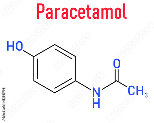 Paracetamol or acetaminophen analgesic drug molecule. Used to reduce fever and relieve pain. Skeletal formula.
