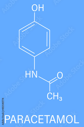 Paracetamol or acetaminophen analgesic drug molecule. Used to reduce fever and relieve pain. Skeletal formula.