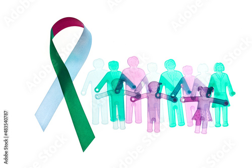 Rare Disease Day Background. Colorful awareness ribbon with group of people with rare diseases.