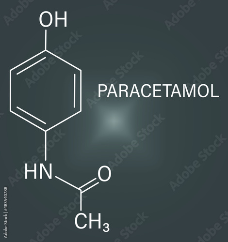 Paracetamol or acetaminophen analgesic drug molecule. Used to reduce fever and relieve pain. Skeletal formula. photo