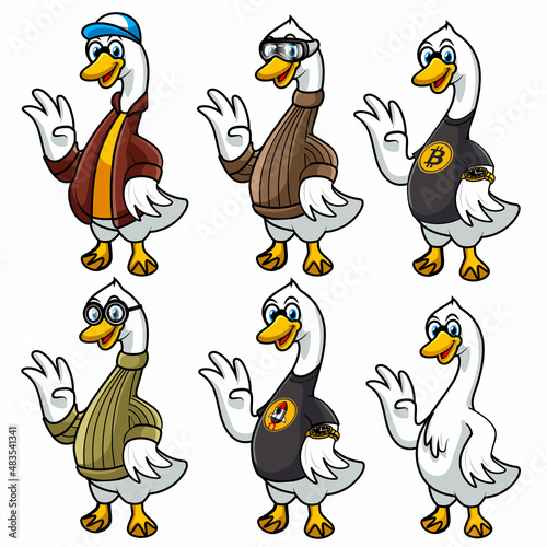 set of cartoon swan mascot wearing different clothing accessories