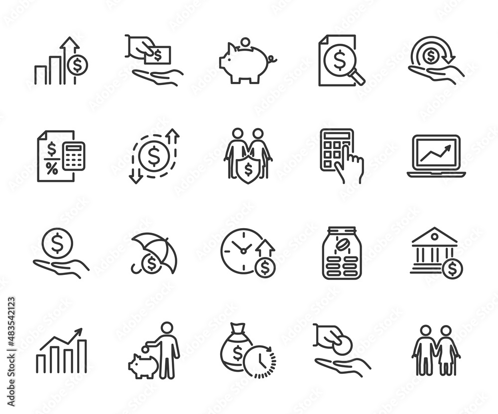 Vector set of money income line icons. Contains icons profit, expenses, income tax, pension fund, piggy bank, loan, income protection, profit and loss and more. Pixel perfect. - obrazy, fototapety, plakaty 