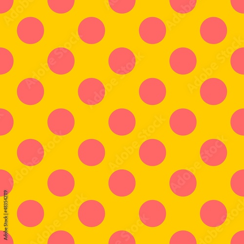 Seamless vector pattern or texture with pink polka dots on neon yellow background. For cards, invitations, websites, desktop, baby shower card background, party, web design, arts and scrapbooks.