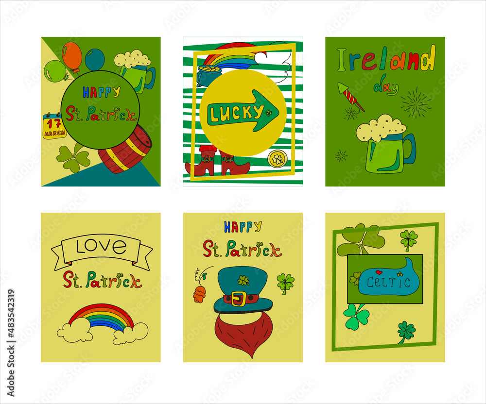 St. Patrick s Day greeting cards with hand-drawn pictures. A doodle of beer, Ireland, pub, bar, party. Template for a postcard, invitation, advertisement or banner for the Irish holiday of March 17