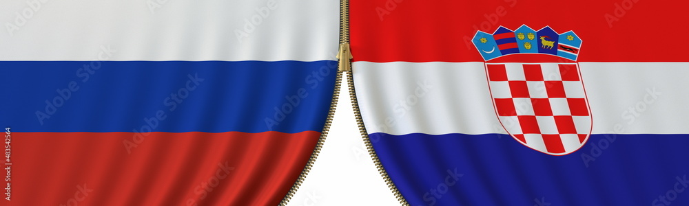 Russia and Croatia cooperation or conflict, flags and closing or opening zipper between them. Conceptual 3D rendering
