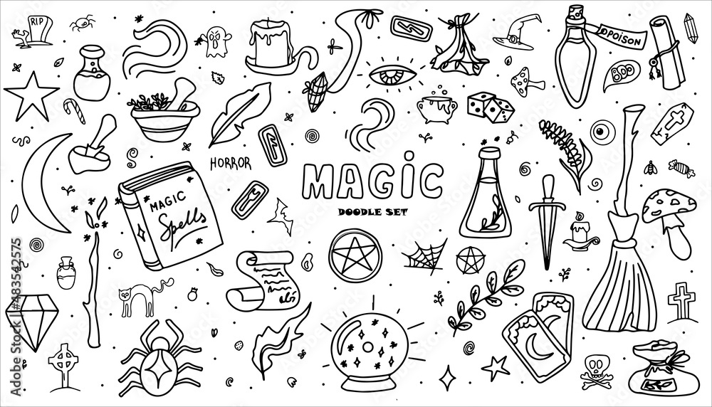 Magic hand drawn doodle set. Vector icons of magic items. Collection halloween elements. Magic broom, potions, fortune-telling cards, runes, books, magic wand, hourglass