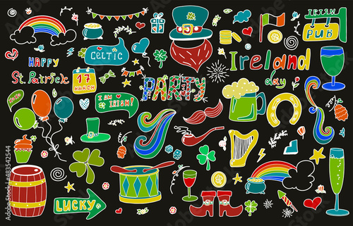 St. Patrick s Day set with hand-drawn icons. A doodle of beer, Ireland, pub, party, bar. Template for a postcard, invitation, advertisement or banner for the Irish holiday of March 17. Vector