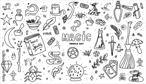 Magic hand drawn doodle set. Vector icons of magic items. Collection halloween elements. Magic broom, potions, fortune-telling cards, runes, books, magic wand, hourglass
