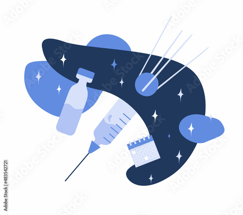 Illustration of the vaccine against covid developed in Russia against the background of a compass syringe, calendar and ampoule