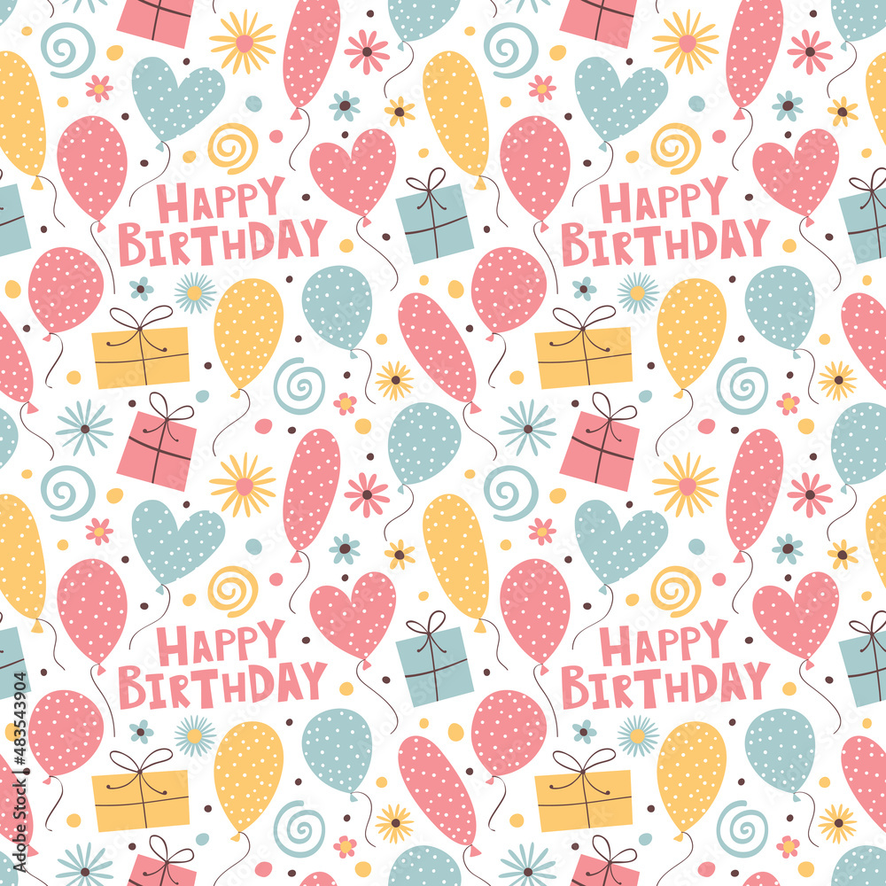 Happy Birthday. Seamless pattern with balloons, gifts and hearts. Happy Birthday. Seamless pattern with balloons, gifts and hearts.