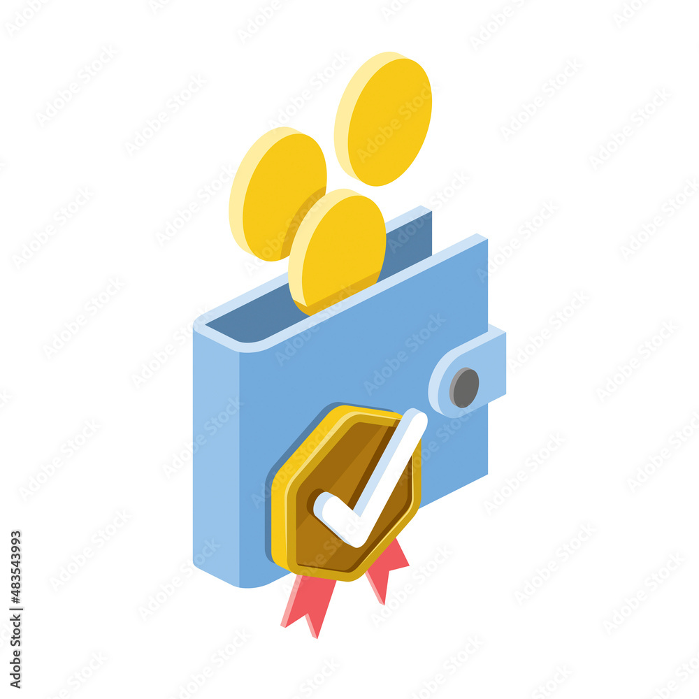 Coins purse medal checkmark. Vector 3d line isometric, color web icons, new flat style. Creative design idea for infographics. Coins purse medal checkmark. Vector 3d line isometric, color web icons, new flat style. Creative design idea for infographics.
