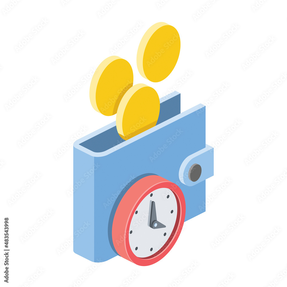 Coins purse time clock. Vector 3d line isometric, color web icons, new flat style. Creative design idea for infographics. Coins purse time clock. Vector 3d line isometric, color web icons, new flat style. Creative design idea for infographics.