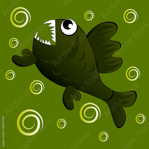 predatory evil piranha fish. Fabulous underwater world. Styling, cartoon style