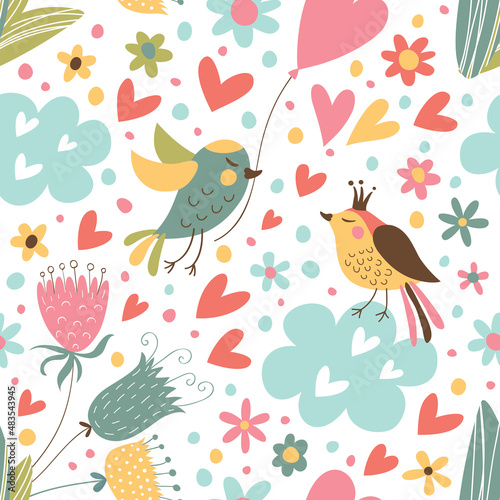 Seamless vector background with birds, hearts and flowers.