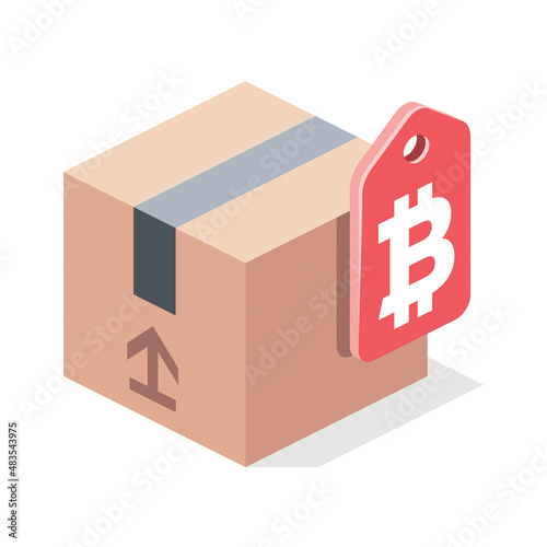Box package tag bitcoin. Vector 3d line isometric, color web icons, new flat style. Creative design idea for infographics.