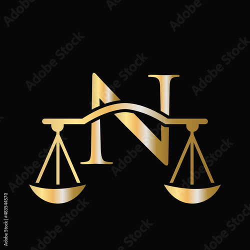 Letter N Scale Attorney Law Logo Design. Initial Pillar, Law firm, Attorney Sign Design On Letter N Concept Template