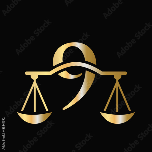 Letter 9 Scale Attorney Law Logo Design. Initial Pillar, Law firm, Attorney Sign Design On Letter 9 Concept Template
