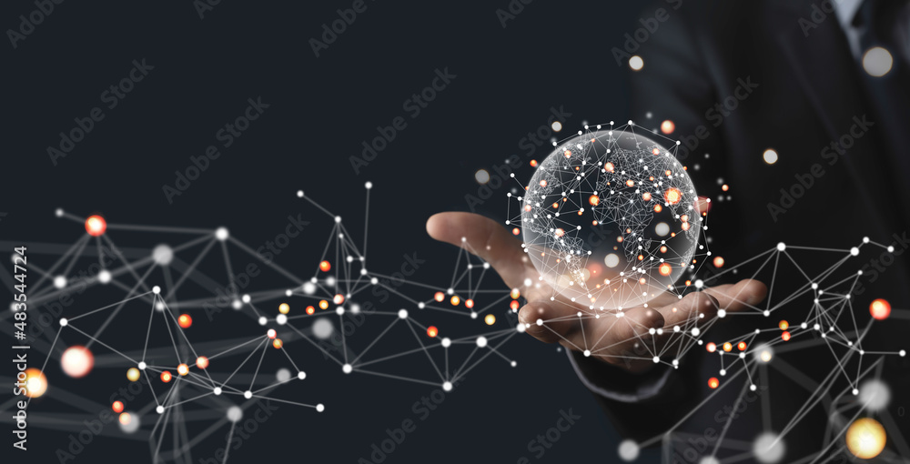Businessman hand holding global network, futuristic technology background, Global business, internet network connection, IoT Internet of Things, business intelligence concept - obrazy, fototapety, plakaty 