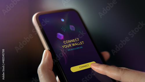 Web3 Technology Concept. Hand Using Mobile Phone to Connect Digital Wallet. Smart, E-wallet, Financial and Economy on Borderless. Closeup shot
