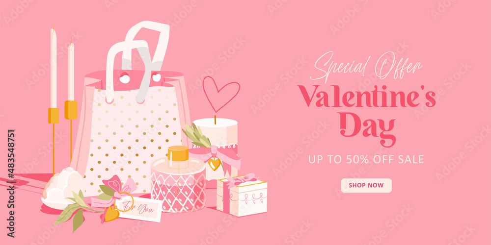 Valentine's Day vector sale banner special offer. Romantic composition with gift box, shopping bag, candle, perfume and flowers on pink background. Flat illustration for website , posters, coupons Valentine's Day vector sale banner special offer. Romantic composition with gift box, shopping bag, candle, perfume and flowers on pink background. Flat illustration for website , posters, coupons